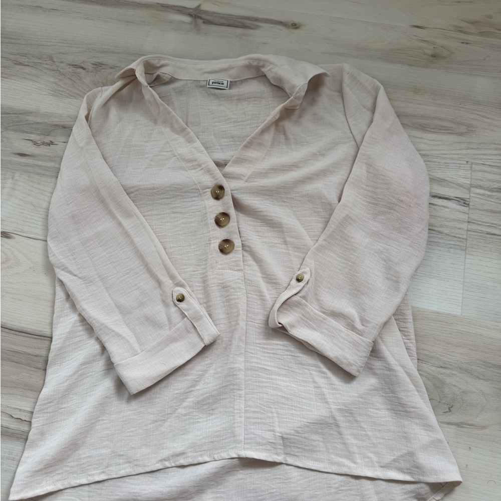 Light Blush Button-Front Women's Shirt with Roll-Tab Sleeves